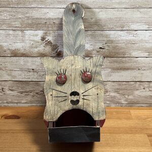 Primitive Folk Art Vintage Wooden Wall Hanging Cat Matchbox Holder- Circa 1930's